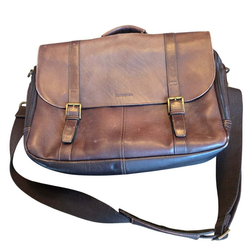 Samsonite Brown Leather Messenger Bag Laptop Briefcase Crossbody Satchel Brown